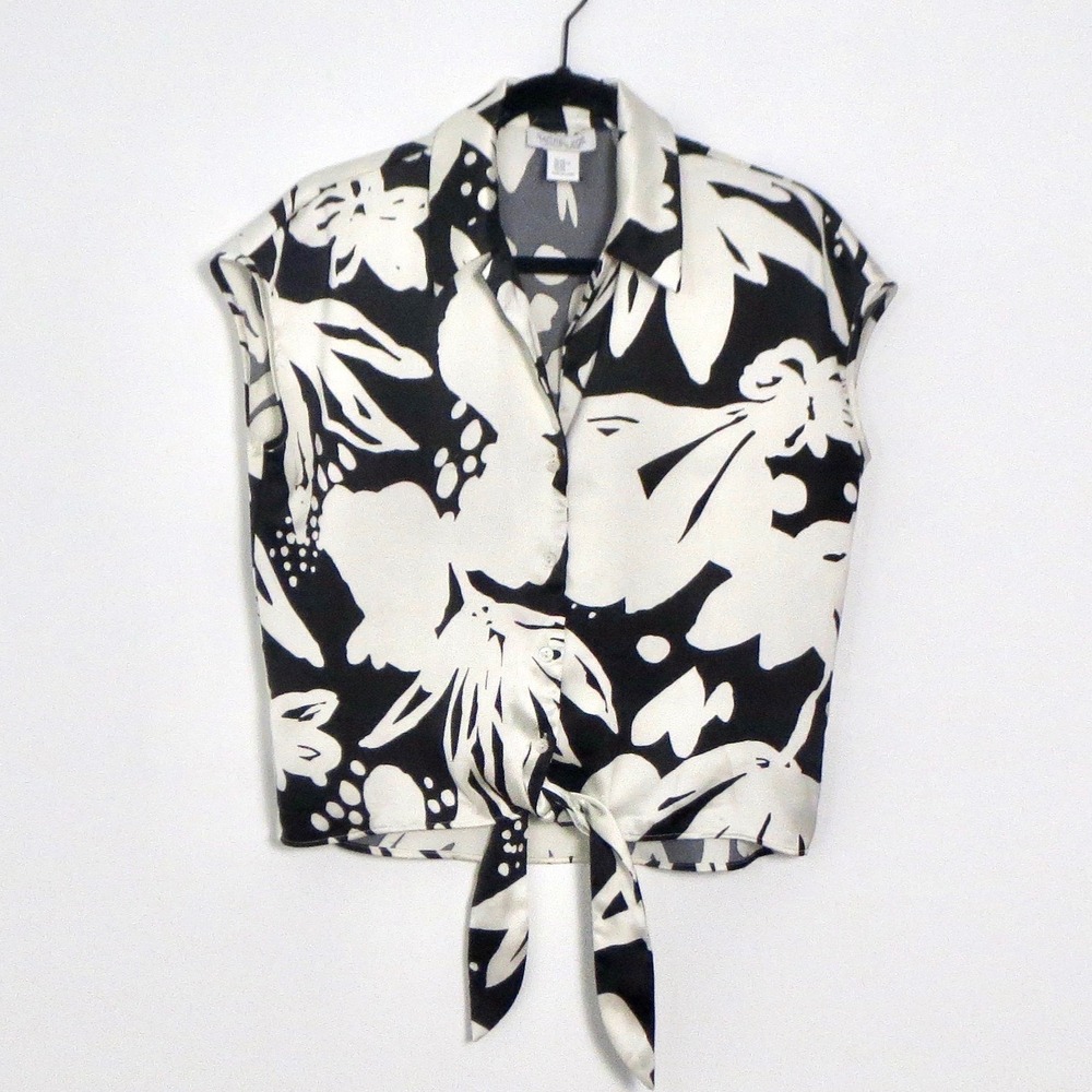 Rachel Zoe Tie Front Floral Blouse Black White Exotic Print Resort Chic XS